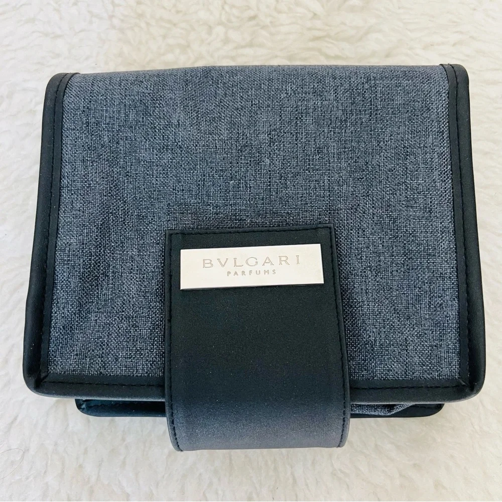 Bvlgari Parfume Black Leather Gray Canvas Bifold Cosmetic Novelty Pouch Case